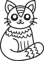 Whimsical black and white illustration of a cat, perfect for coloring, line drawing style