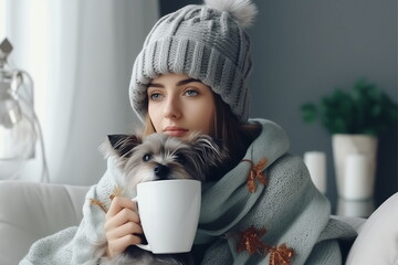 Sick woman wearing hat sitting at cold home under blanket with dog and drink tea