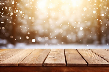 Empty wooden table on soft glowing winter scene bokeh. Mock up template copy space banner concept