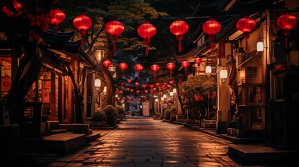 An image of a street decorated with bright round red lanterns.