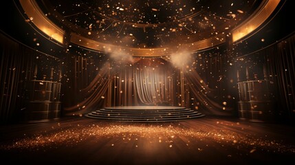 An image of an empty festival stage decorated with golden confetti. - obrazy, fototapety, plakaty