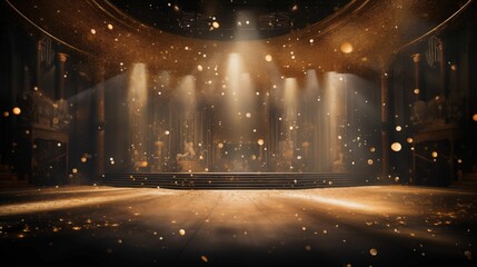 An image of an empty festival stage decorated with golden confetti. - obrazy, fototapety, plakaty