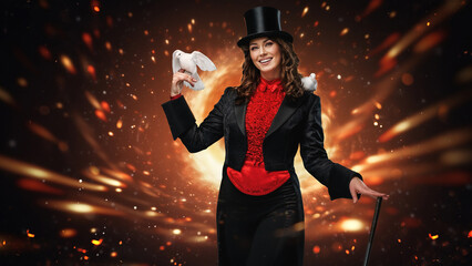 Captivating magician holding a wand with doves on a fiery background