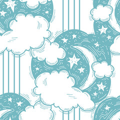 Starry night seamless vector pattern with moon, stars and clouds. Boho style decorative background for wallpaper, digital paper, wrapping design, fashion fabric, textile print. Hand drawn illustration