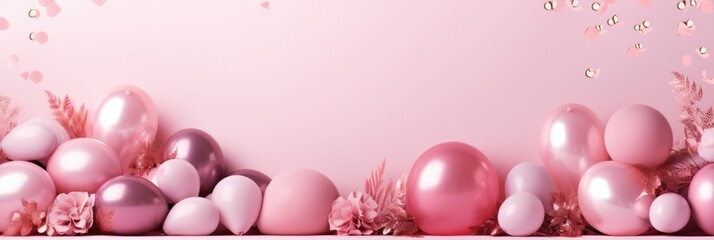 Holiday banner of colorful balloons on pink background. - obrazy, fototapety, plakaty