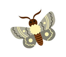 Cute wild insect. Pale moth sticker or icon. Child drawing of butterfly with beautiful wings. Funny garden or wild animal. Cartoon flat vector illustration isolated on white background