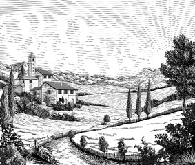 A landscape of rolling hills and sun in cloudy sky. Original vintage rural farm or vineyard illustration in a vintage woodcut engraving style.