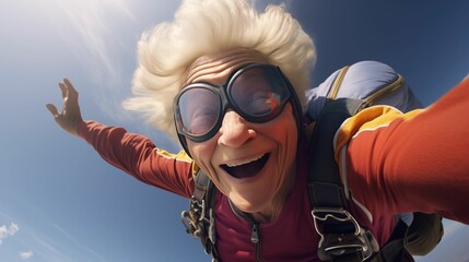 An image of a grandmother taking a selfie while skydiving. - obrazy, fototapety, plakaty