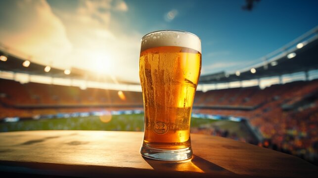 An image of a glass of cold beer on the background of a football stadium.