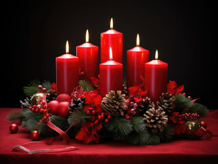 Christmas candles with a garland of pine cones, fir branches and hollies. Winter holiday ornament. 