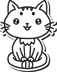 Whimsical black and white illustration of a cat, perfect for coloring, line drawing style
