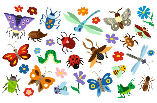 Set of cute insects. Stickers or icons with butterfly, caterpillar, ant, ladybug, beetle, dragonfly and bee. Hand drawn flying garden bugs. Cartoon flat vector collection isolated on white background