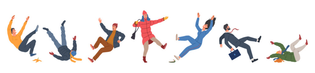 Fototapeta premium Set of falling characters. Shocked men and women fall to ground. People slip on wet floors or banana peels, stumbling and getting hurt. Cartoon flat vector collection isolated on white background