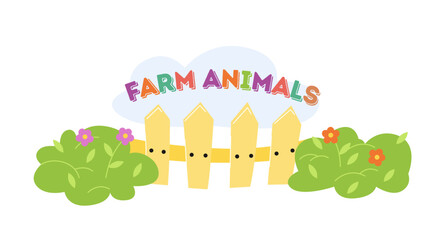 Farming and agriculture concept. Colorful poster with fence, green plants and inscription farm animals. Gardening and grazing. Cartoon flat vector illustration isolated on white background