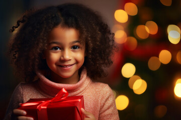 Happy smiling African girl with curly hair holding Christmas gift box surprise on blurred bokeh lights background. Winter holidays concept