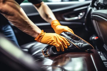 Fotobehang Hand cleaning car seat. Car detailing worker cleaning car interior and car leather seats © Boraryn