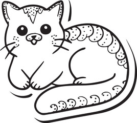 Whimsical black and white illustration of a cat, perfect for coloring, line drawing style