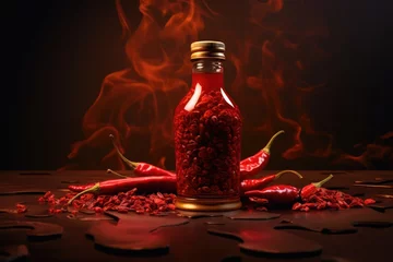 Keuken spatwand met foto Chilly sauce or ketchup in glass bottle with red hot chili peppers on black background with flame and smoke. Mexican paprika spice. Mockup for logo or design © ratatosk