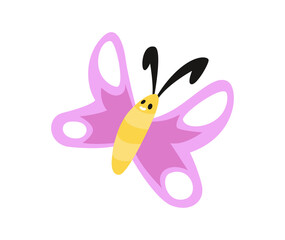 Cute insect icon. Sticker with beautiful pink butterfly. Charming garden animal with wings. Flower pollinator. Design element for print. Cartoon flat vector illustration isolated on white background