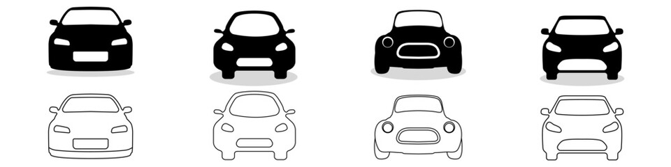Car icons black vector set. Outline car vector icons. Vehicle on a white background flat icon. Car shape vector. A set of two cars for travel and pleasure. - obrazy, fototapety, plakaty