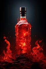 Chilly sauce or ketchup in glass bottle with red hot chili peppers on black background with flame and smoke. Mexican paprika spice. Mockup for logo or design