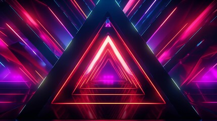 Abstract neon background featuring a dynamic arrangement of geometric triangle shapes.