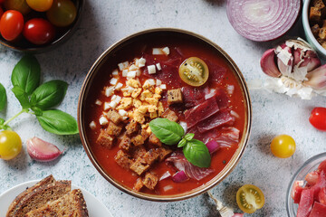 Spanish traditional tomato soup salmorejo - obrazy, fototapety, plakaty