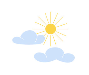 Weather forecast icon. Sticker with clouds and sun. Cloudy weather in summer or spring season. Design element for application or widget. Cartoon flat vector illustration isolated on white background