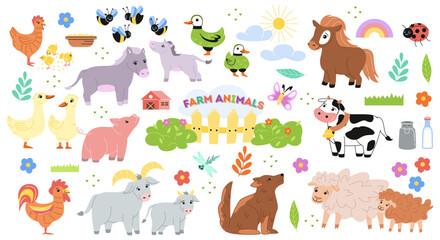Fototapeta premium Farm animals set. Agriculture in countryside. Stickers with sheep, horse, ducks, pig, cow and rooster. Pack of doodle illustrations. Cartoon flat vector collection isolated on white background