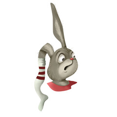Cute digital character with surprise emotion. The bunny is dressed in a red dress and has a sock on her ear