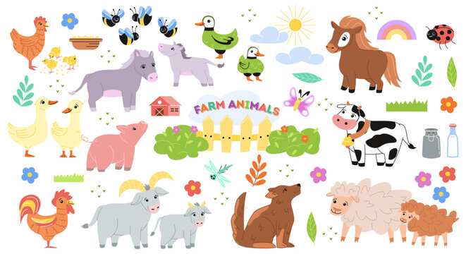 Farm animals set. Agriculture in countryside. Stickers with sheep, horse, ducks, pig, cow and rooster. Pack of doodle illustrations. Cartoon flat vector collection isolated on white background