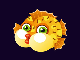 Cute underwater animal. Sticker with funny inflated pufferfish with needles. Deep sea fish or ocean dweller. Marine or aquarium life. Cartoon flat vector illustration isolated on white background