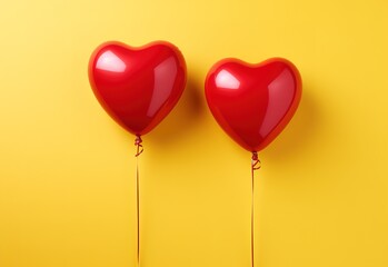 Celebration of Love: Two heart-shaped balloons on a yellow background, perfect for Valentine's Day and other romantic occasions