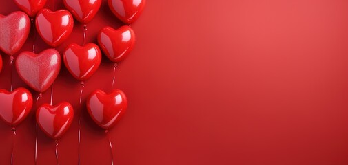 Celebration of Love: Red heart shaped balloons on a red background are perfect for Valentine's Day and romantic occasions - obrazy, fototapety, plakaty