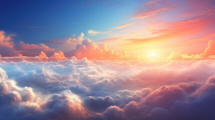 Heavenly sky, Sunset above the clouds abstract illustration, Extra wide format, Hope, divine,...