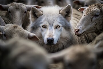 Wolf hiding among sheep flock. Ai Generative - obrazy, fototapety, plakaty