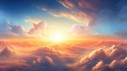 Fototapeta premium Heavenly sky, Sunset above the clouds abstract illustration, Extra wide format, Hope, divine, heavens concept