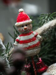 Christmas decoration with snowman and christmas tree  background.