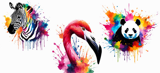 set of different animals with watercolor colorful splashes. flamingo, panda, zebra in watercolor...