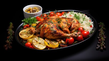 A roast chicken dinner with vegetables, a very tasty dish cooked with tomato, pepper and onion, a touch of parsley and lemon.