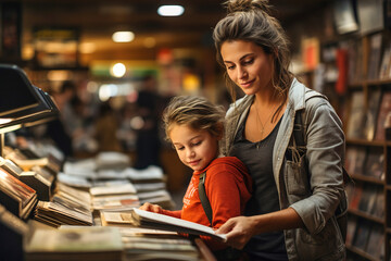 Mom and daughter looking at a book together in a bookstore. Looking to buy book.