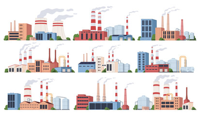 Obraz premium Industrial factory, production of goods, machinery, heavy metallurgy. Industrial buildings with pipes. Vector illustration