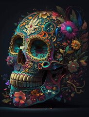 Colorful skull with floral decoration on a dark background. Dia de los muertos, day of the dead holiday concept, mexican festivity symbol