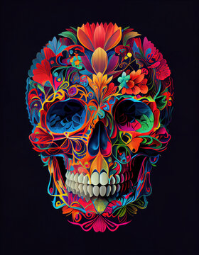 Colorful skull mask illustration with vibrant floral decorations for dia de los muertos. Dia de los muertos, day of the dead, traditional mexican holiday concept on black background 