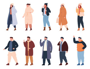 Fototapeta premium People in winter clothes. Men and women in warm, comfortable winter jackets. Protection from the cold. Vector illustration