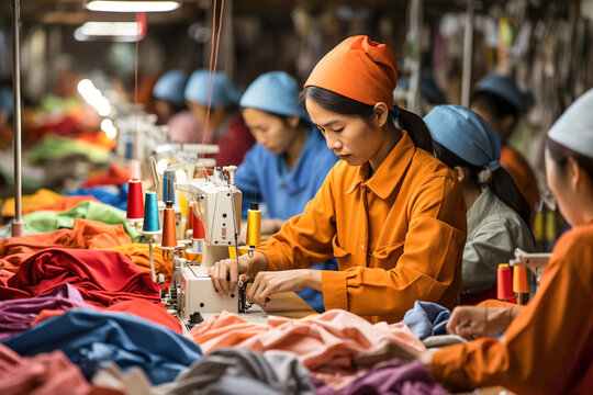 Large group of Asian women working on sewing machines in a big factory.