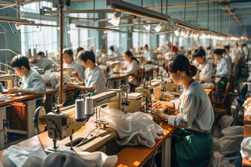 Many Asian worker working on sewing machines in large hall in a clothing factory. - obrazy, fototapety, plakaty