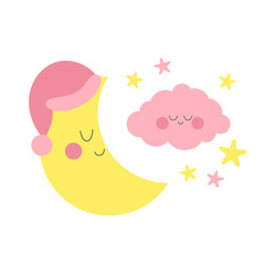 Нellow sleepy moon  with pink cloud  and pink stars for girl baby room decoration. For fabric print logo sign cards banners Kids wall art design Vector illustration