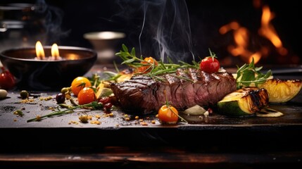 Food photography, grilled beef, grilled vegetables, in a luxurious kitchen style