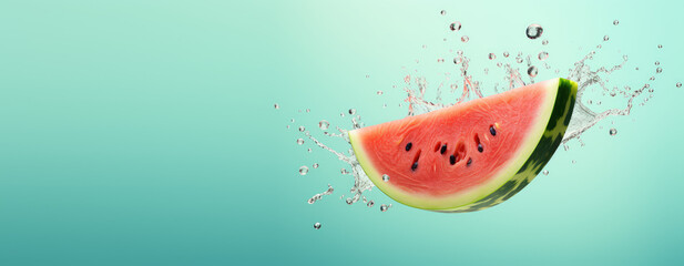 Closeup of watermelon slice flying in the air, levitation, on flat green background with copy space. Banner of fresh watermelon flavored product for website or presentation. - obrazy, fototapety, plakaty